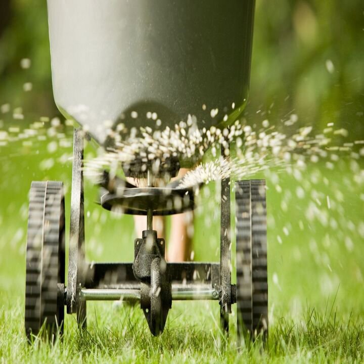 A professional applying fertilizer to a lawn with a broadcast spreader, a service by Ankeny Grass Guys in Ankeny, IA.
