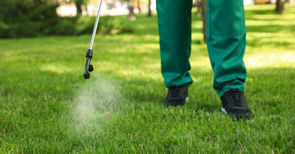 A lawn care professional spraying weed control treatment on a lawn by Tee Time Lawn Care Davenport, IA.