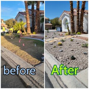 Before and after of a lawn transformed into a water-efficient xeriscape by Daniel's Lawn Care services in Las Vegas, NV.