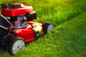 A red lawnmower actively cutting vibrant green grass, demonstrating professional mowing services by LTN Yard Services LLC in Kaneohe, HI.