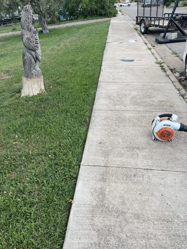 A leaf blower resting on a sidewalk next to a lawn, ready for cleanup by Matt's Lawn Service in Casper, WY.