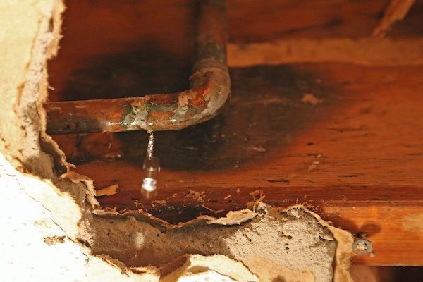 A leaking copper pipe with water dripping, causing damage to the surrounding wall, handled by Emergency Response Services Inc. in Warren, MI