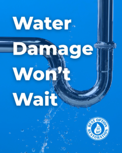 A leaking pipe with water splashing out, representing water damage that Best Option Restoration of Northwest Arkansas addresses in Fayetteville, AR.