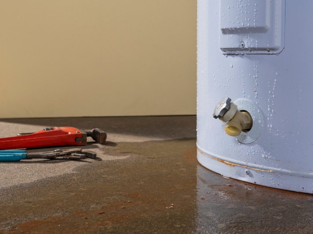A leaking water heater with water on the floor, indicating a water damage emergency handled by A1 Restoration of Spokane in Post Falls, ID.