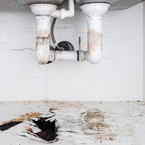 Leaky sink pipe causing water damage and rotting wood in a cabinet, addressed by Built Different Restoration in Gilbert, AZ.