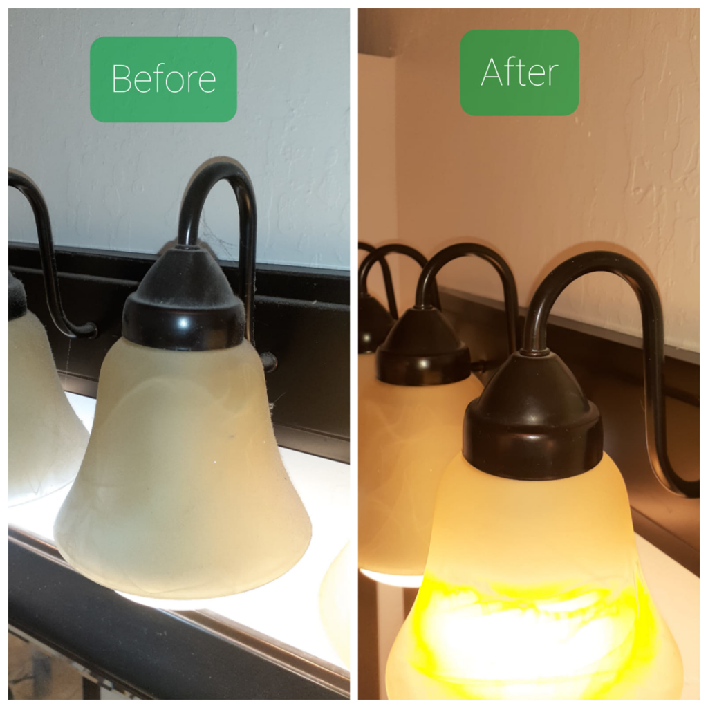 Before and after comparison of a light fixture cleaned by Go Green Cleaning Experts Of NV in Reno, NV