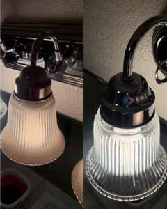 Close-up before and after photos of a light fixture, cleaned and polished by Sheridan Spotless Spaces, LLC in Sheridan, WY.