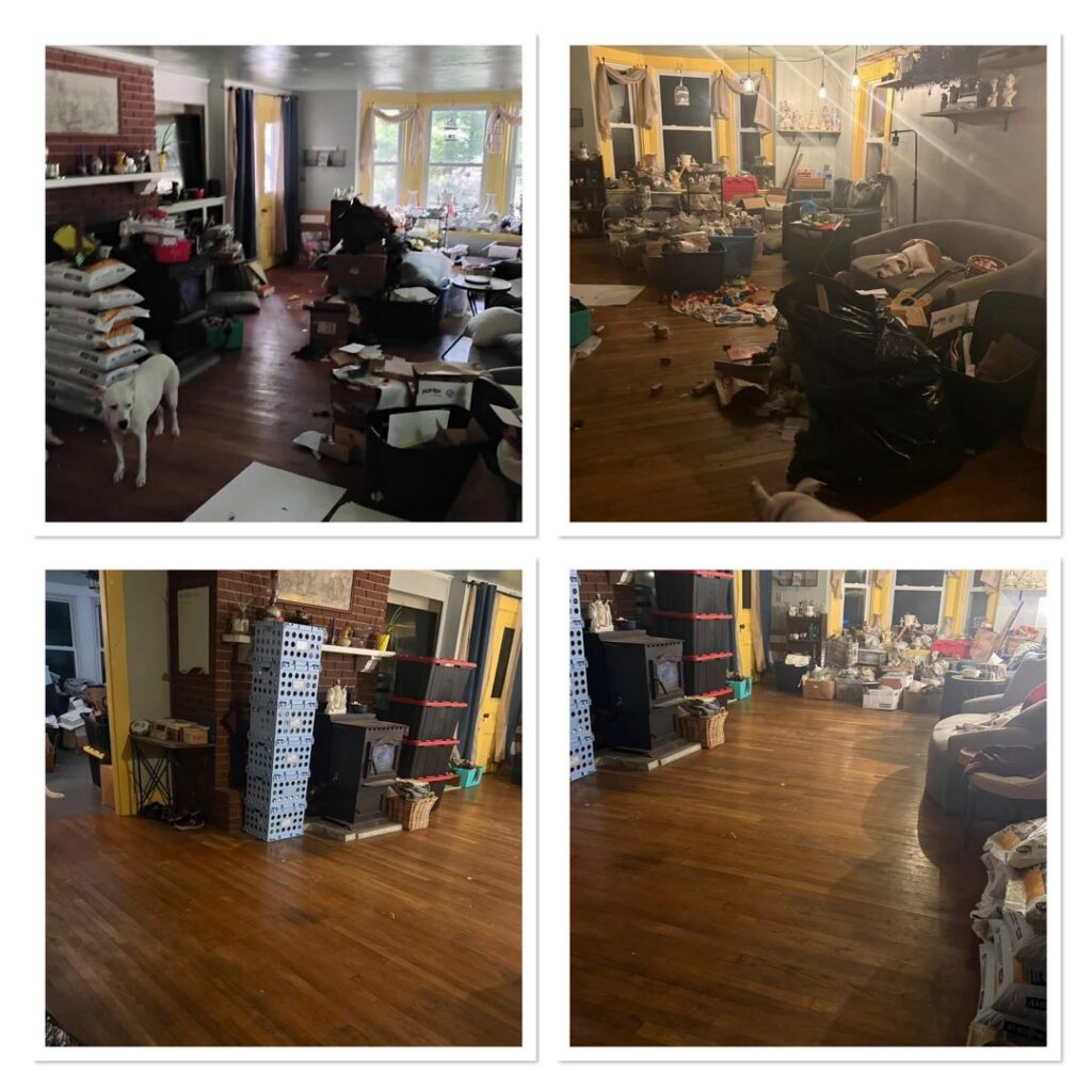 Before and after comparison of a living room showing decluttering and cleaning by KDG Decluttering in Manchester, NH.