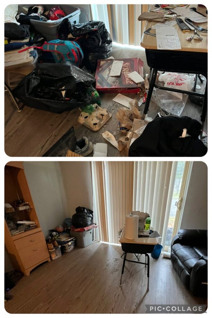 Before and after photos of a living room cleaned by ACD Cleaning LLC in Cincinnati, OH, showcasing their comprehensive cleaning service.