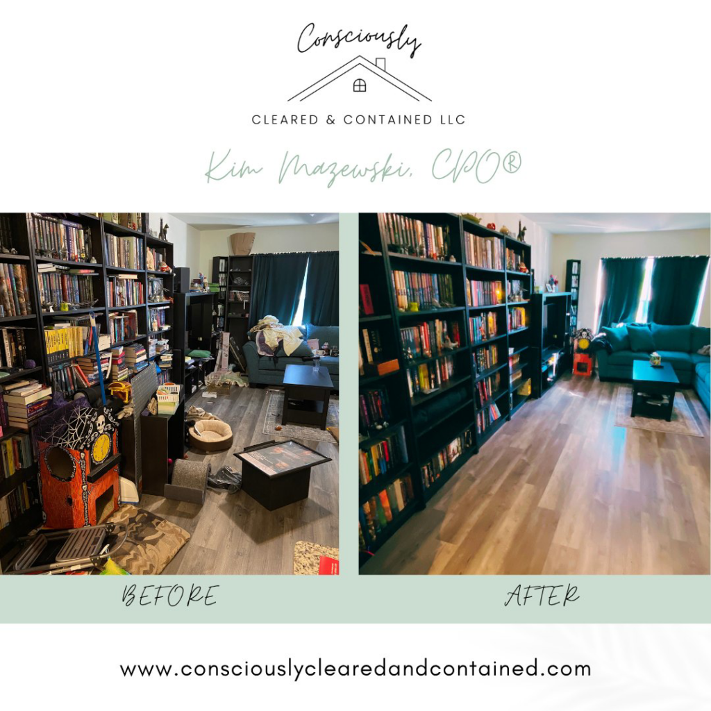 Before and after of a living room with decluttered and organized bookshelves by Consciously Cleared & Contained LLC in Elsmere, DE.