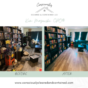 Before and after of a living room with decluttered and organized bookshelves by Consciously Cleared & Contained LLC in Elsmere, DE.