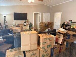 A living room filled with numerous moving boxes, ready for transport by Houston Affordable Movers in Houston, TX.