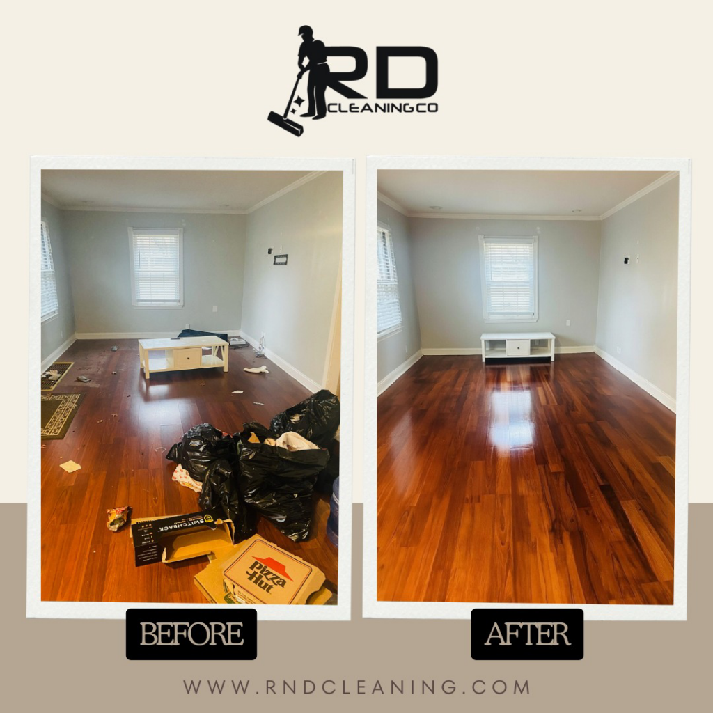 Before and after view of a living room with hardwood floors cleaned by R&D Cleaning Co. in Rolla, MO
