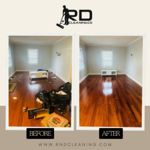 Before and after view of a living room with hardwood floors cleaned by R&D Cleaning Co. in Rolla, MO