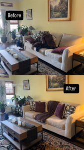 A living room before and after tidying and organizing by Nicy Cleaning Service in Danbury, CT, showing a neat couch.