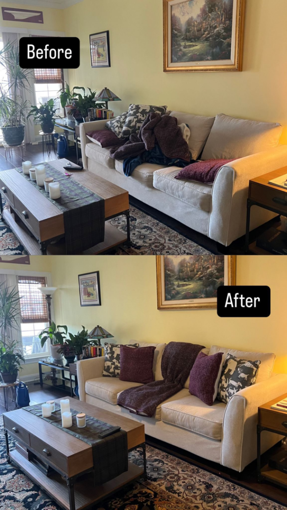 A living room before and after tidying and organizing by Nicy Cleaning Service in Danbury, CT, showing a neat couch.