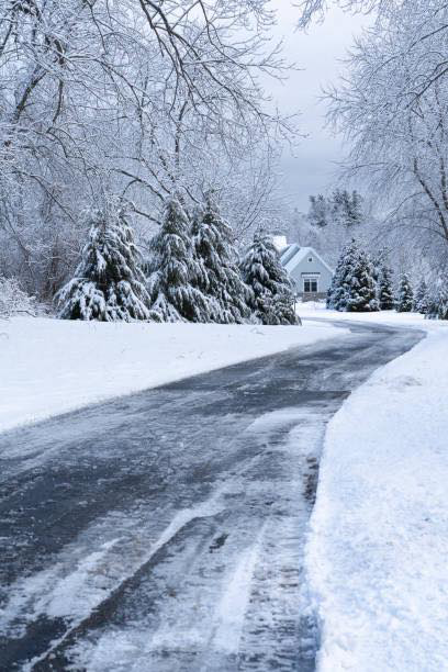 A long, winding driveway professionally cleared of snow by Time 2 Grind in Ellenwood, GA, with snow-covered trees and a house in the background.