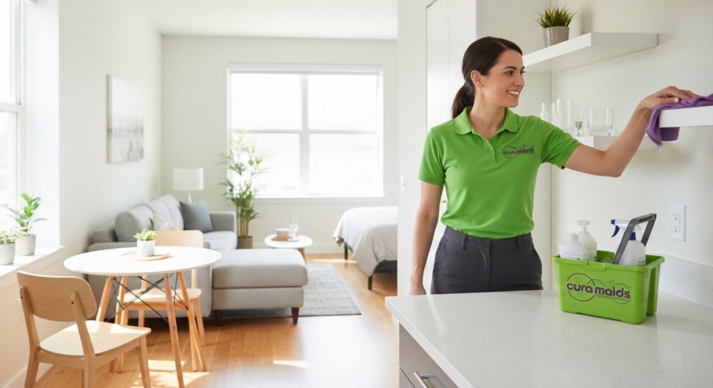 A professional maid from Cura Maids cleaning a shelf in a modern apartment in Raleigh, NC.