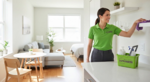 A professional maid from Cura Maids cleaning a shelf in a modern apartment in Raleigh, NC.