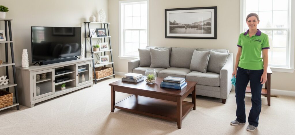 A Cura Maids professional standing proudly in a freshly cleaned living room in Raleigh, NC.