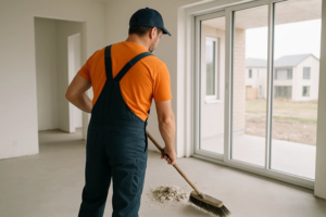 A cleaner sweeping debris from the floor of an empty room, showcasing move-in/move-out cleaning by Orange Cleaning Services in Stamford, CT.