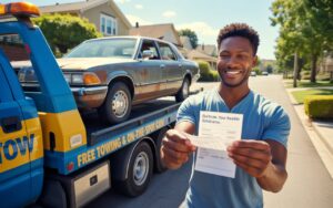 A smiling man holding a check with a junk car on a tow truck in the background, representing Cash for junk cars Fort Lauderdale in Fort Lauderdale, FL.