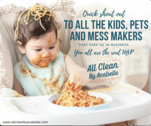 A baby covered in spaghetti in a high chair, illustrating a common mess cleaned by All Clean By Anabelle in Fayetteville, AR.