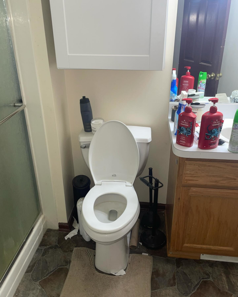 A messy bathroom with a toilet and vanity, showing the 'before' state for Stephie's From Dust To Glitter in Detroit, MI.