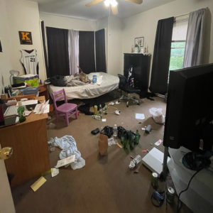 A very messy bedroom with clutter and trash before cleaning by Lourdes Home Cleaning in East Hampton, NY.