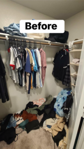 A cluttered closet before an organization service by Pena Cleaning Co. LLC in San Antonio, TX