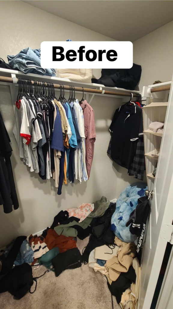 A cluttered closet before an organization service by Pena Cleaning Co. LLC in San Antonio, TX