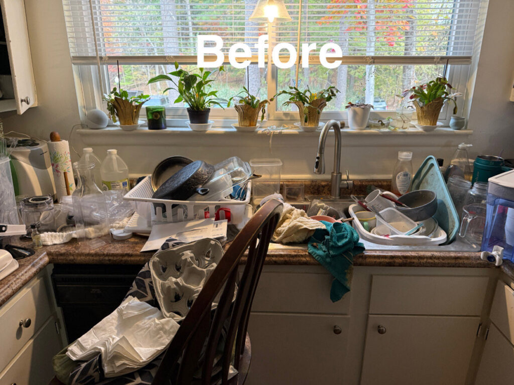 A very messy kitchen counter with dirty dishes before cleaning by The Blake Experience Cleaning Service in Albany, NY.
