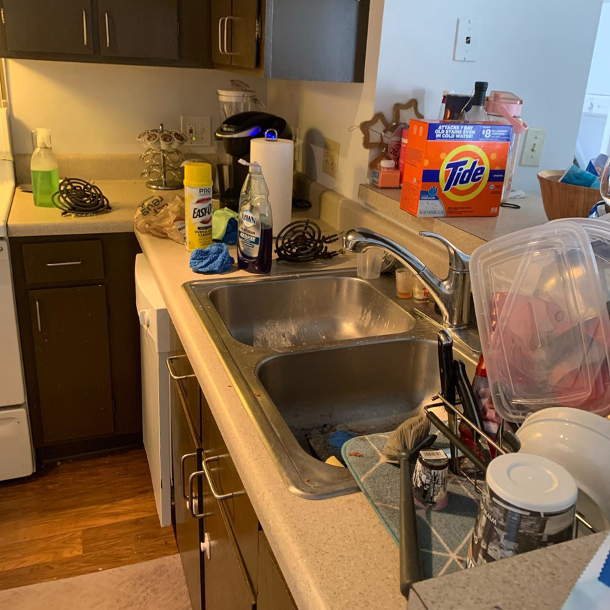 A messy kitchen sink area with various cleaning supplies, ready for a house cleaning service by Premier Uptown Clean in Charlotte, NC