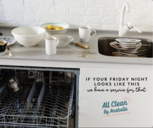 A messy kitchen sink filled with dirty dishes, showing a common cleaning need for All Clean By Anabelle in Fayetteville, AR.