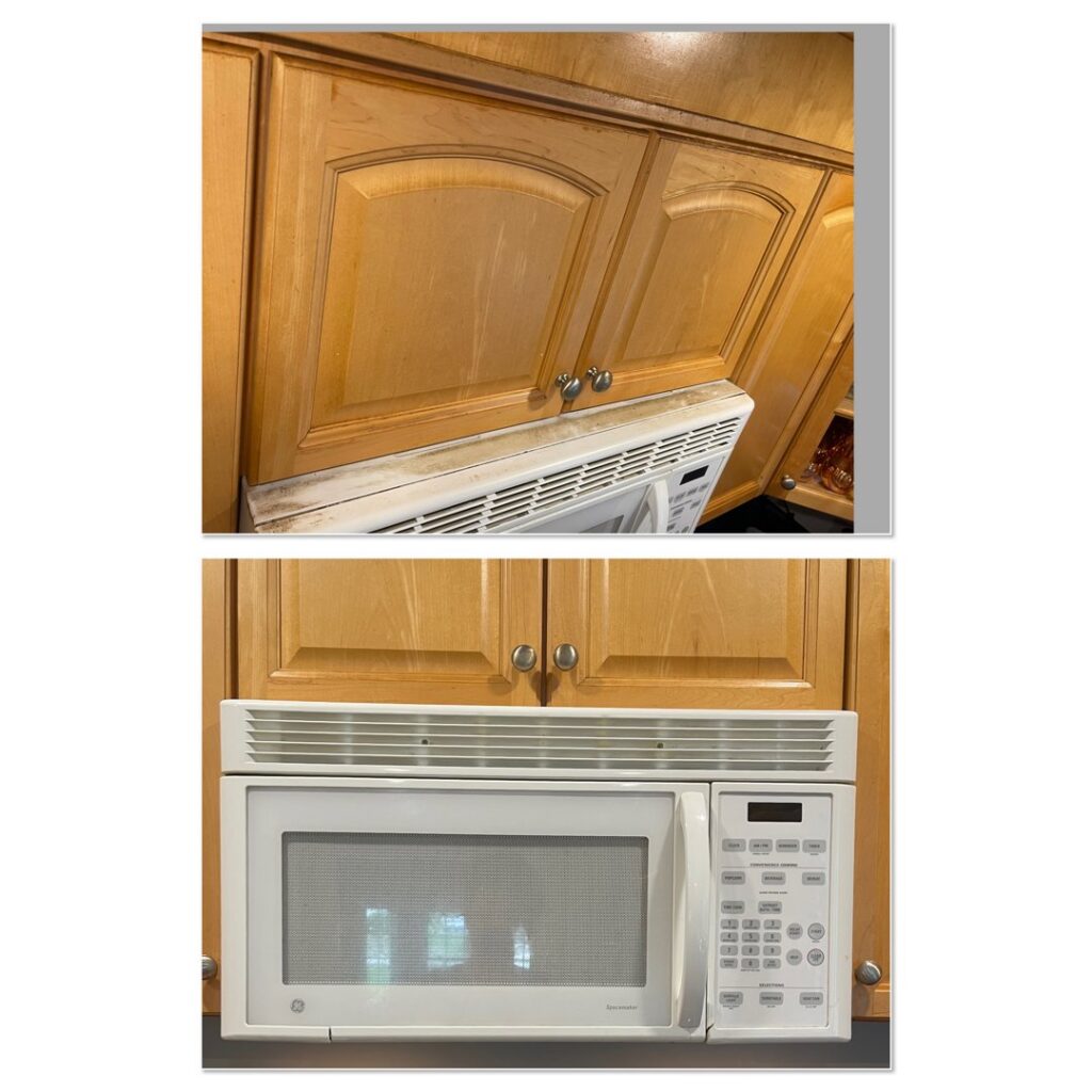 Before and after comparison of a microwave, demonstrating deep cleaning by Straight Up Cleaning in South Portland, ME.