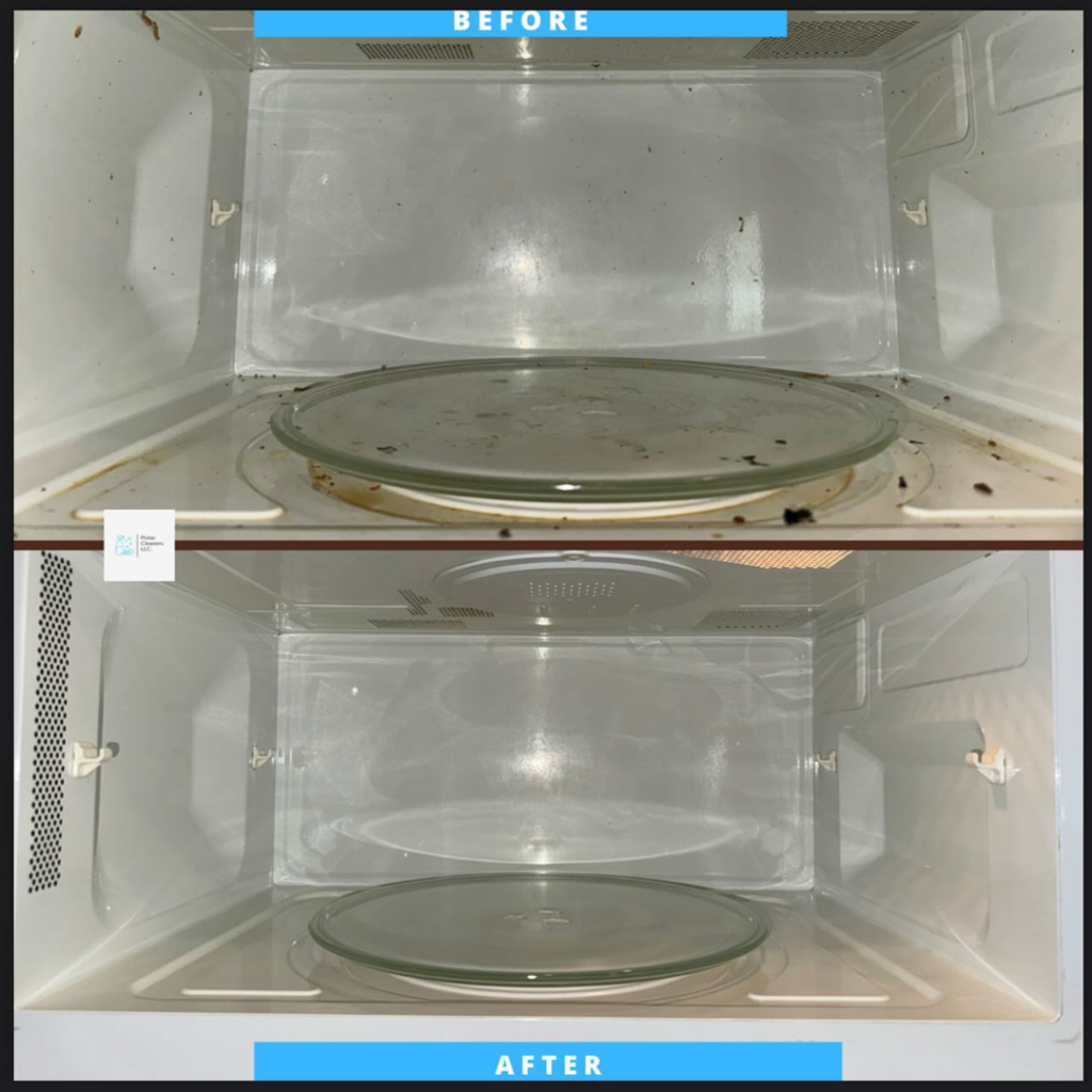 Before and after comparison of a microwave cleaned by Prime Cleaners LLC in Kansas City, MO.