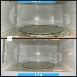 Before and after comparison of a microwave cleaned by Prime Cleaners LLC in Kansas City, MO.