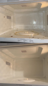 Before and after of a microwave interior professionally cleaned by Wichita Cleaning Crew in Wichita, KS.