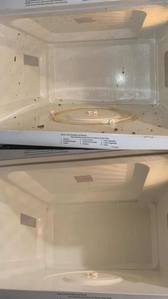 Before and after of a microwave interior professionally cleaned by Wichita Cleaning Crew in Wichita, KS.
