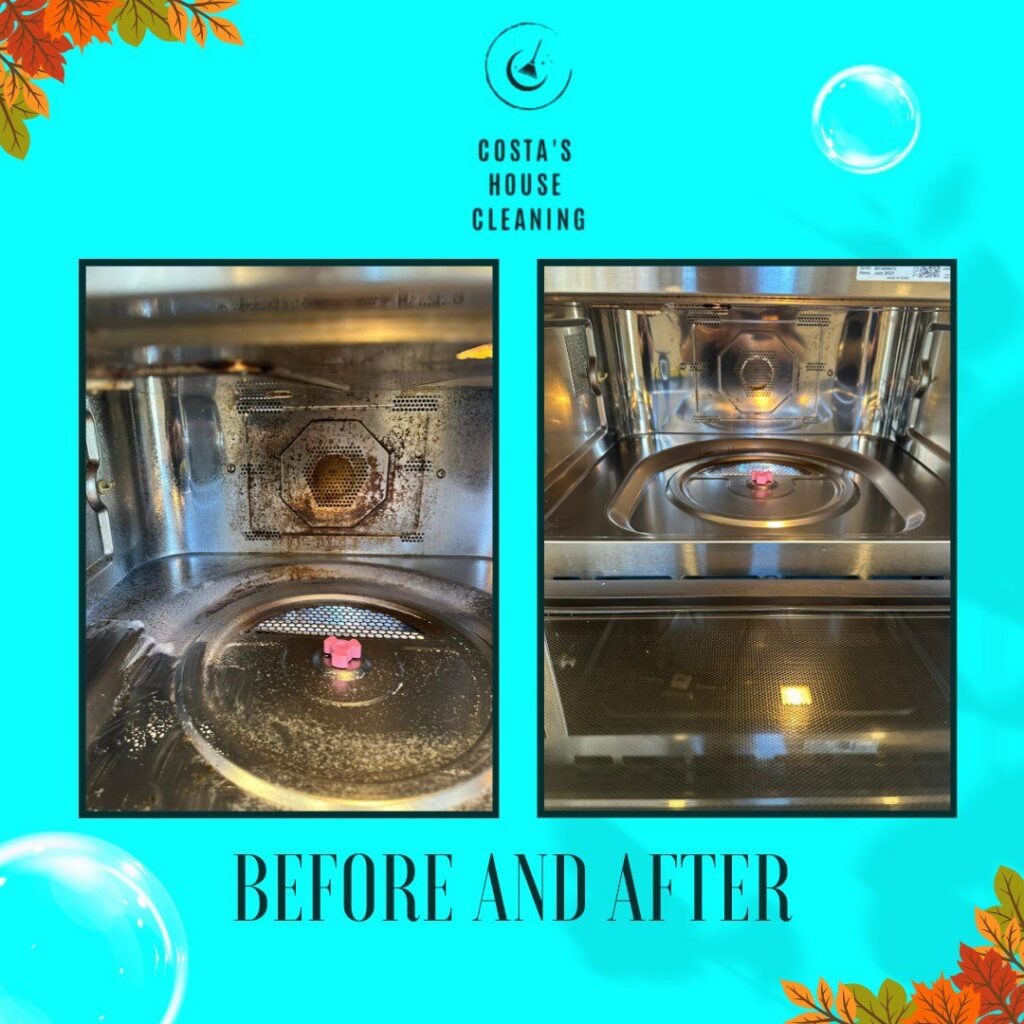 Before and after of a dirty microwave interior cleaned by Costa cleaning services in Salisbury, MD.