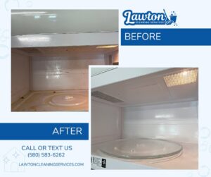 Before and after comparison of a dirty and then sparkling clean microwave interior by Lawton Cleaning Services in Lawton, OK