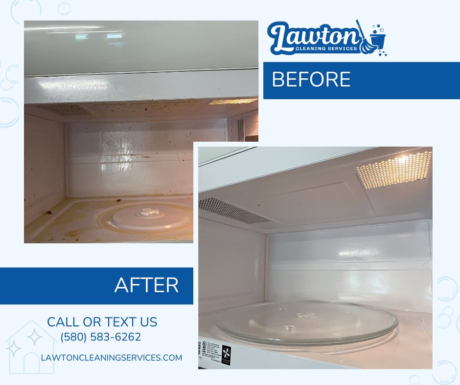 Before and after comparison of a dirty and then sparkling clean microwave interior by Lawton Cleaning Services in Lawton, OK