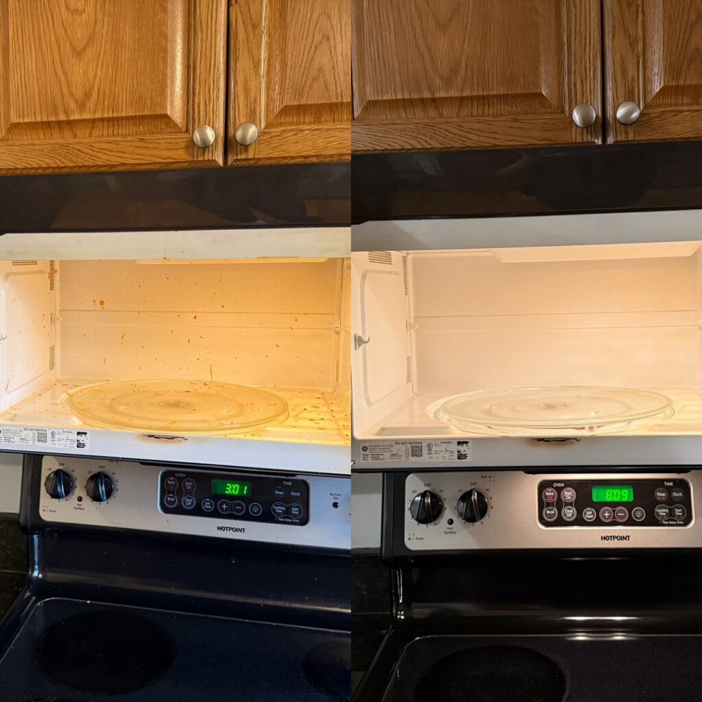A spotless microwave interior after professional cleaning by GentleNest Home Cleaning in Livonia, MI.