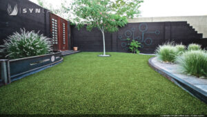 A modern backyard landscape featuring artificial grass and decorative plants by SYNLawn of New Mexico in Albuquerque, NM.