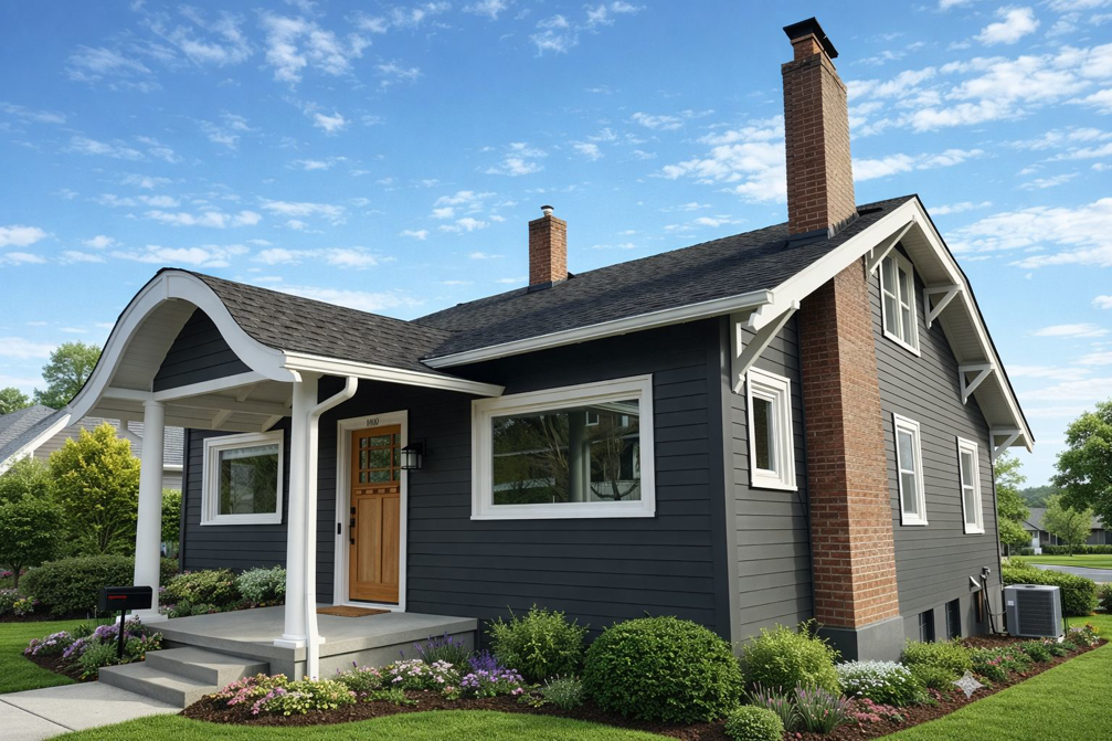 A modern home featuring dark gray siding and white trim, a project by Lifetime Remodeling Systems in Portland, OR