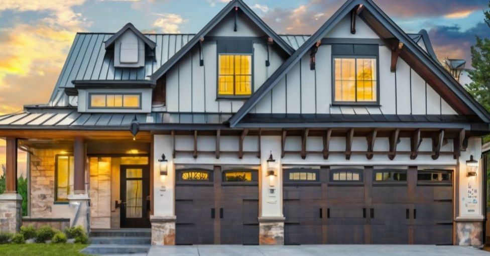 A modern farmhouse style home with two dark wood-look garage doors from Jim Dyer Overhead Door in Carson City, NV