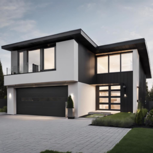A modern house featuring a sleek black garage door installed by Jim Dyer Overhead Door in Carson City, NV