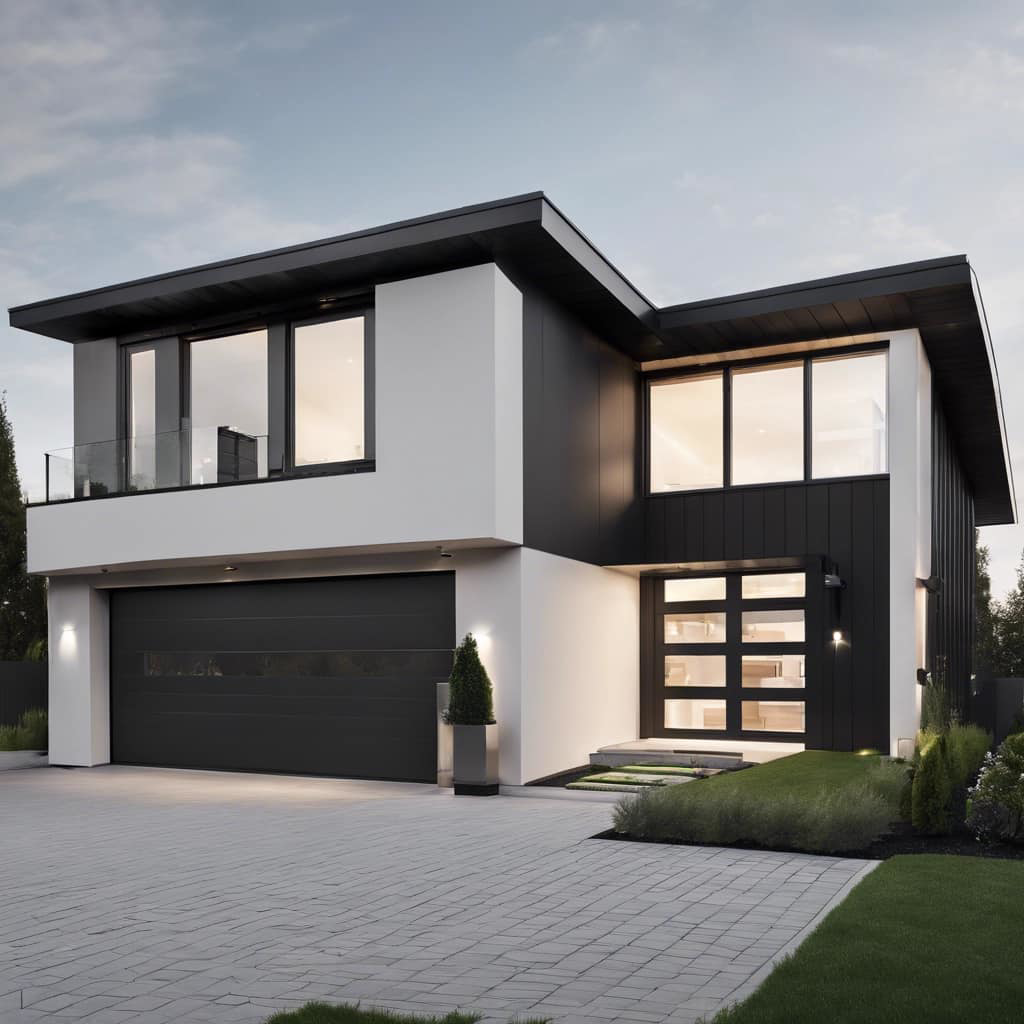 A modern house featuring a sleek black garage door installed by Jim Dyer Overhead Door in Carson City, NV