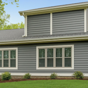 A modern house featuring grey horizontal siding and white trim, installed by Jonesboro Siding, Window & Door in Jonesboro, AR.