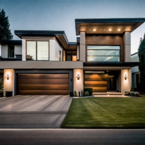 A modern house showcasing a stylish wood-look garage door installed by Jim Dyer Overhead Door in Carson City, NV